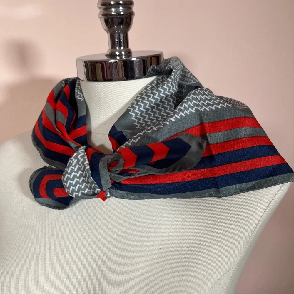 Vintage 1970 Mod Red Grey Art deco Geometric Striped Nautical  Square Scarf